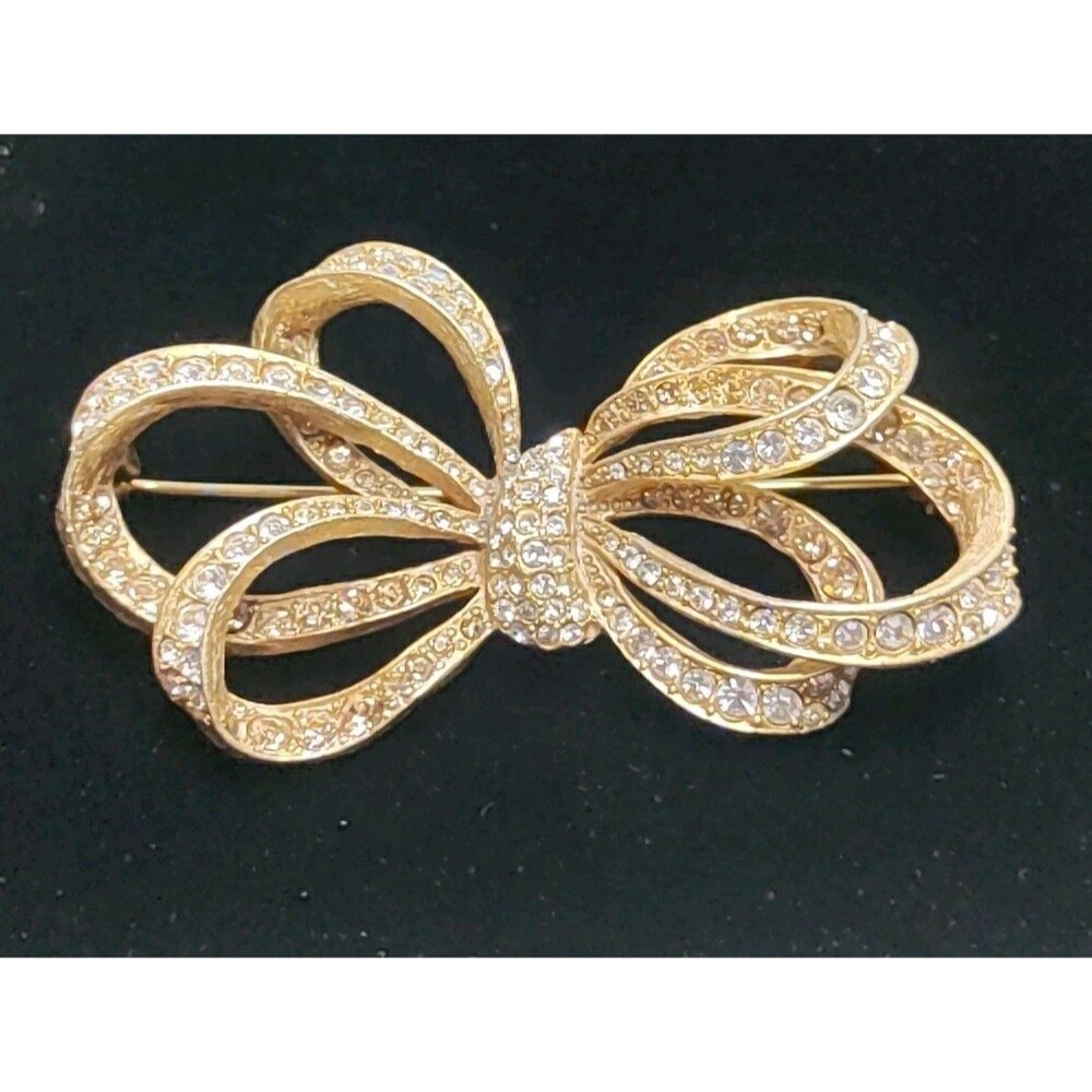 Oscar De La Renta Ribbon Bow Brooch W/ Swarovski Crystals 2.75" W X  1.33" T